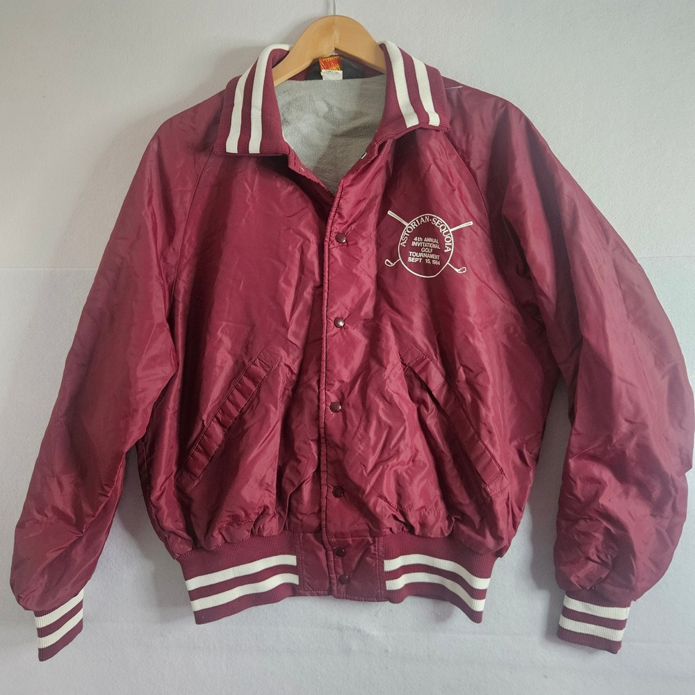 Vintage 1984 Pla-Jac Dunbrooke Golf Tournament Bomber Jacket Burgundy Men XL USA